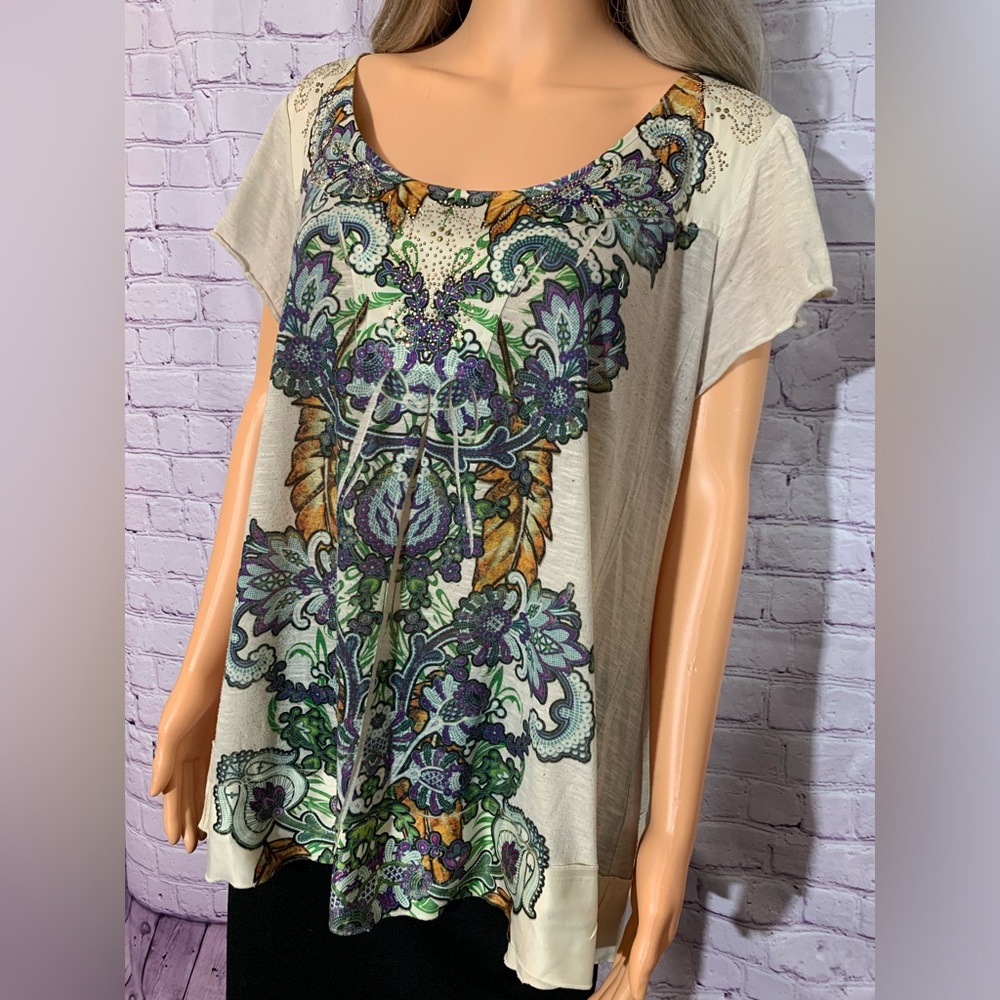 ONE WORLD Cream Tee with Purple Green Ornate Print